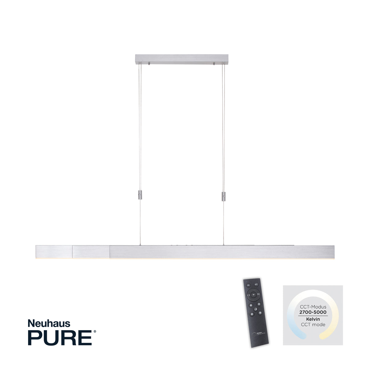 Vue de face avec logo Neuhaus PURE, télécommande et plage de température 2700-5000 K.