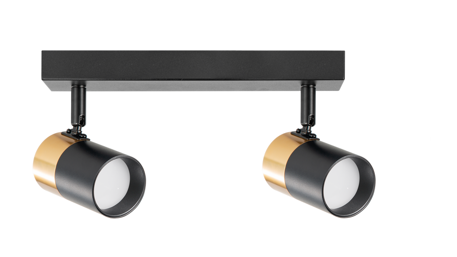 Plafonnier noir à deux projecteurs cylindriques orientables avec intérieur doré, vue de face