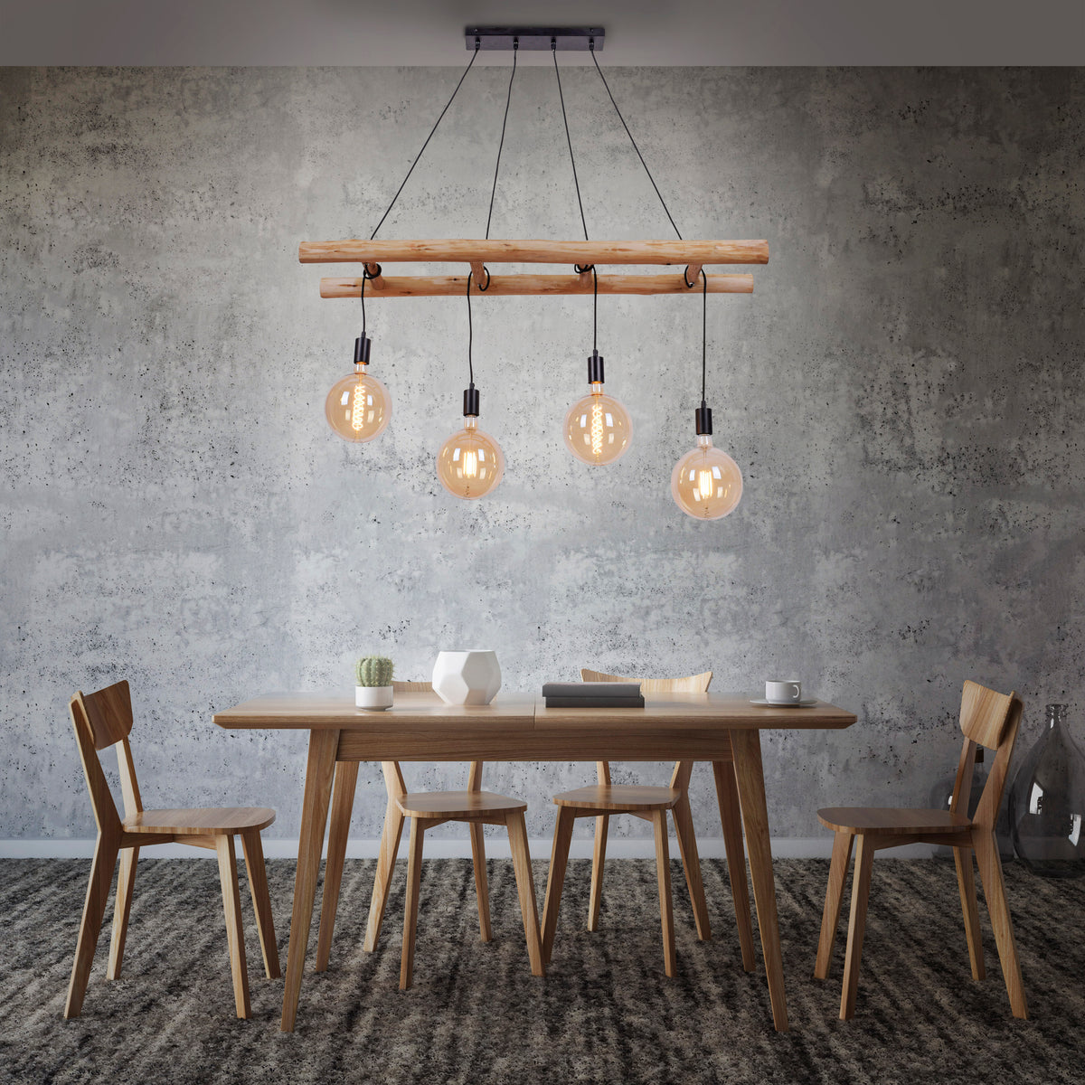 Mise en ambiance au-dessus d'une table à manger devant un mur béton