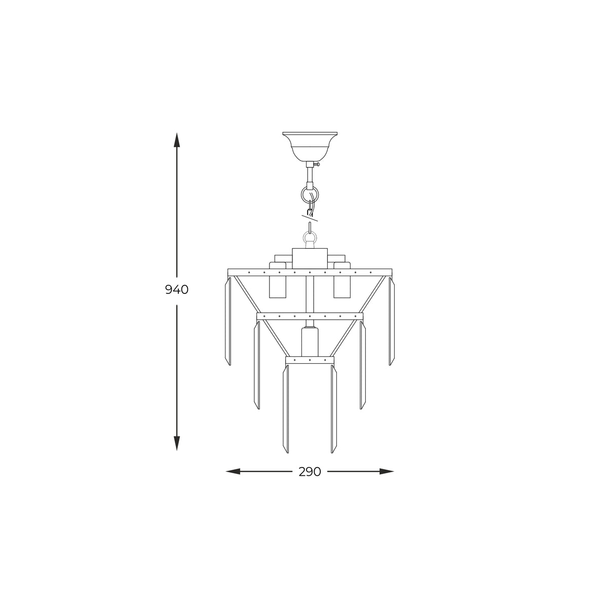 Schéma technique côté du luminaire, hauteur 940 mm et diamètre 290 mm.