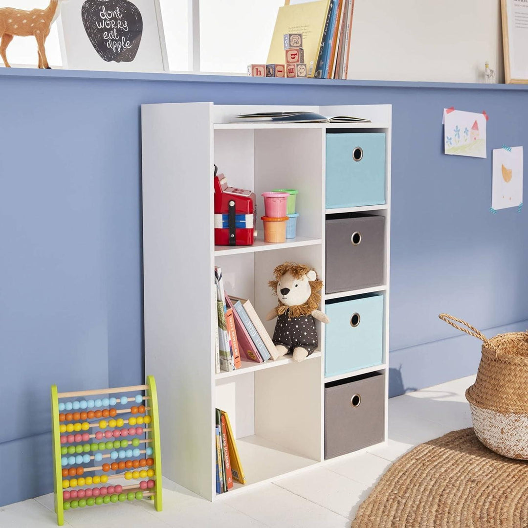 Alice'S Home - Meuble De Rangement Pour Enfant. Blanc - Camille - Avec 7 Compartiments Et 4 Paniers Gris Et Bleus | Designix - Amazon    - https://designix.fr/