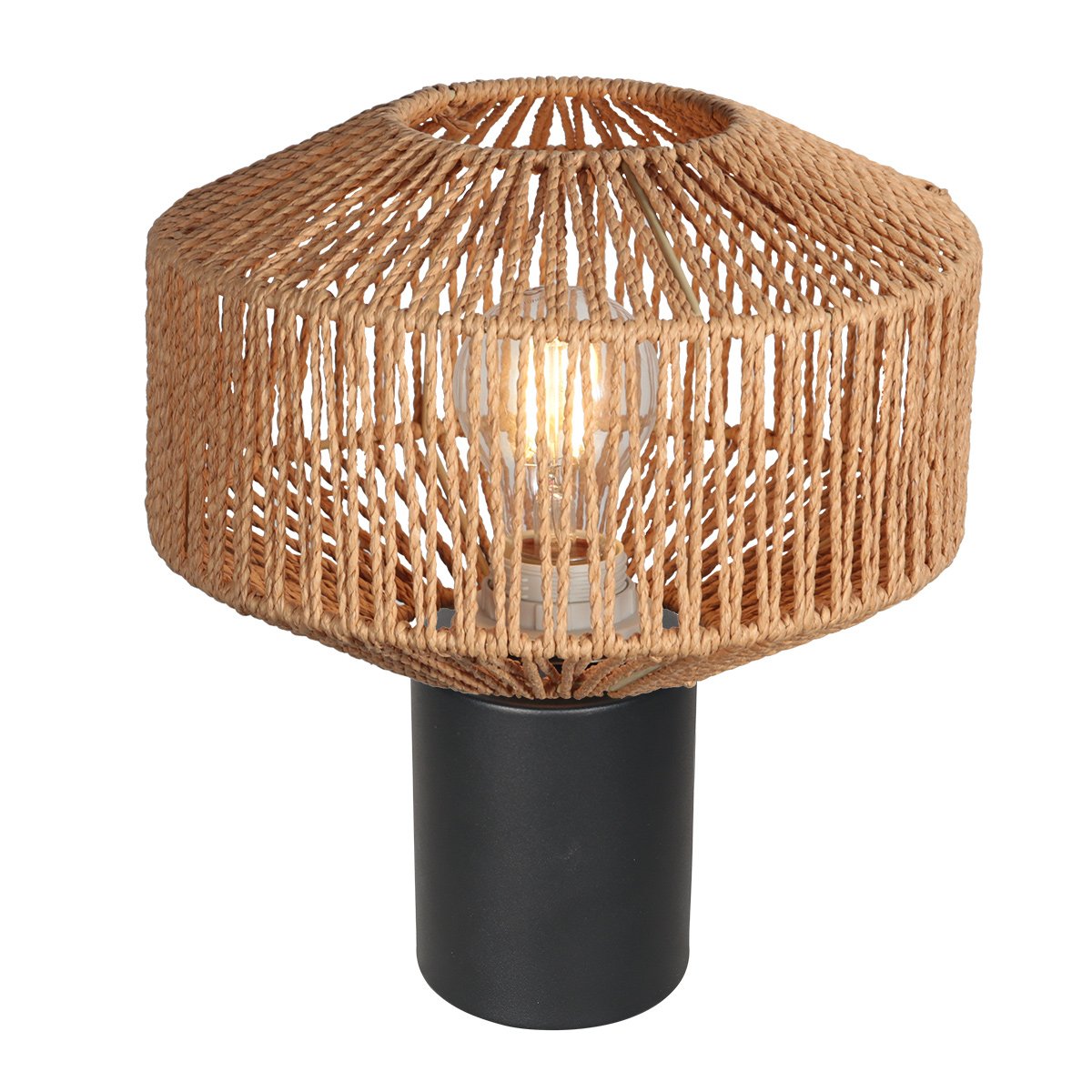 Vue d'ensemble de la lampe à poser noire avec abat-jour en corde naturelle éclairé.