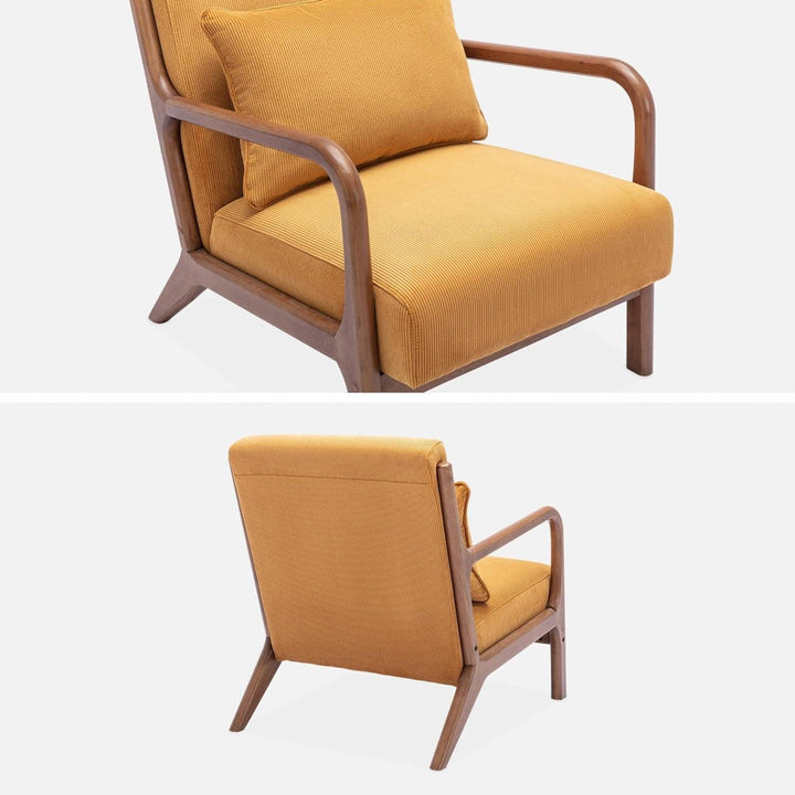 Alice'S Home - Fauteuil Velours Côtelé Ocre. Pieds Bois D'Hévéa Teinté Noyer Clair. 1 Place Droit Fixe. Pieds Compas Scandinave. Structure En Bois Solide | Designix -     - https://designix.fr/