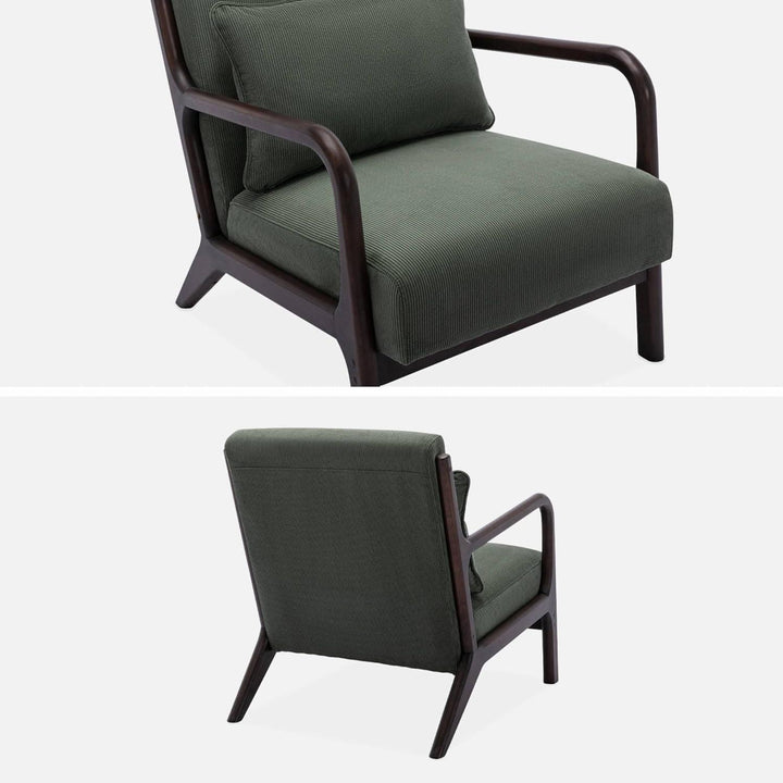 Alice'S Home - Fauteuil Velours Côtelé Vert Pieds Bois D'Hévéa Teinté Wengé. 1 Place Droit Fixe. Pieds Compas Scandinave. Structure En Bois Solide | Designix -     - https://designix.fr/