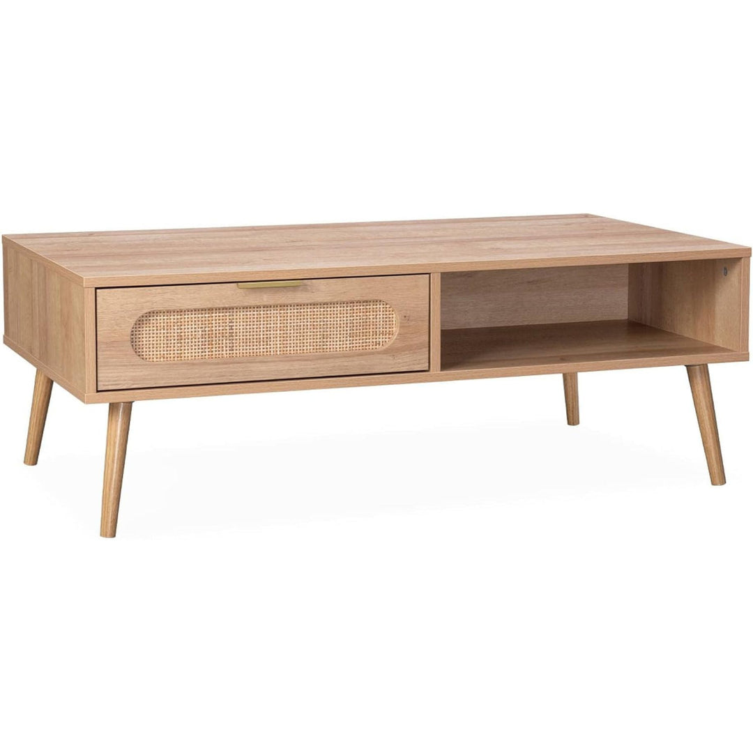 Alice'S Home - Table Basse. Eva. Scandinave En Cannage Arrondi Et En Décor Bois. 1 Tiroir Réversible L110 X L59 X H39Cm | Designix - Amazon    - https://designix.fr/