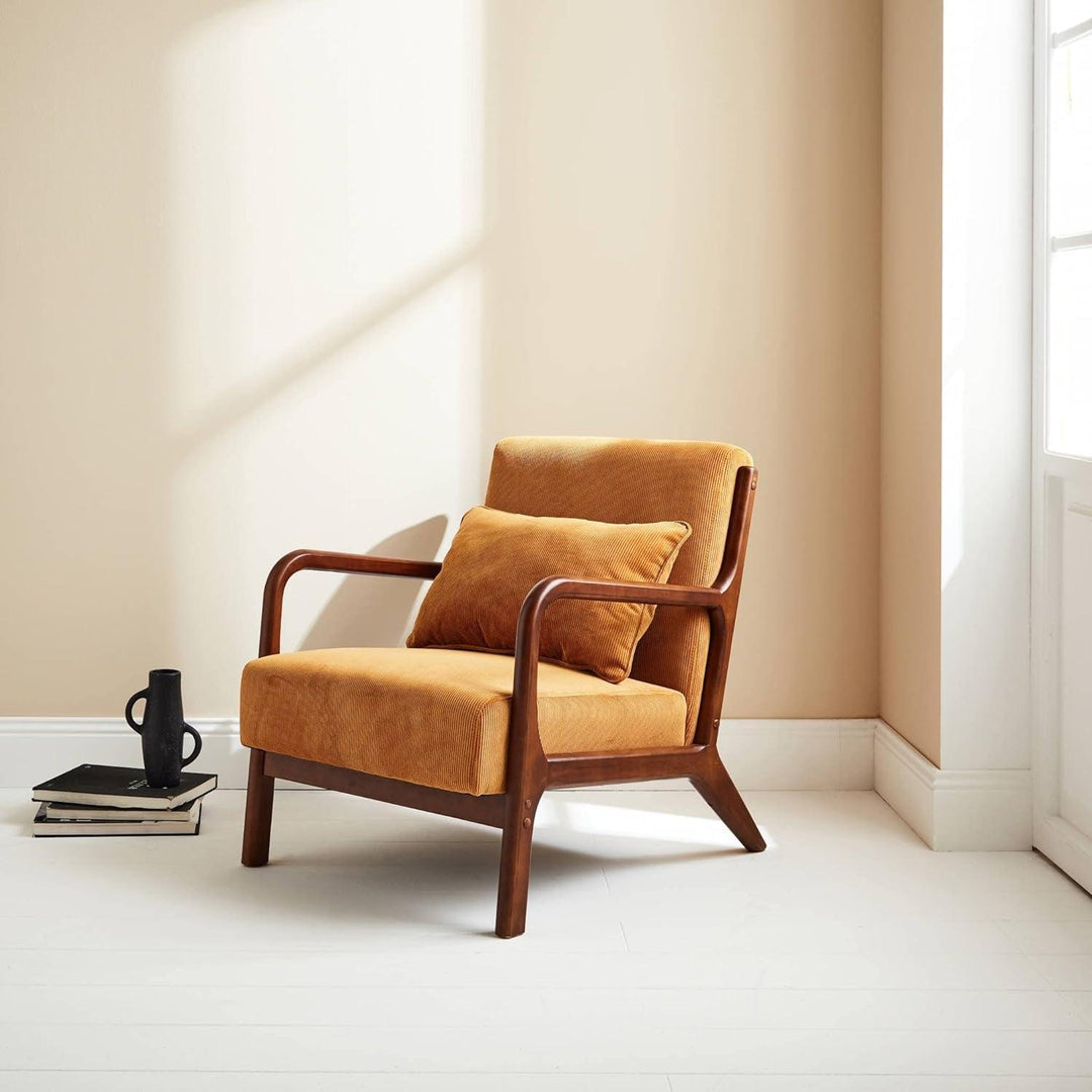 Alice'S Home - Fauteuil Velours Côtelé Ocre. Pieds Bois D'Hévéa Teinté Noyer Clair. 1 Place Droit Fixe. Pieds Compas Scandinave. Structure En Bois Solide | Designix -     - https://designix.fr/