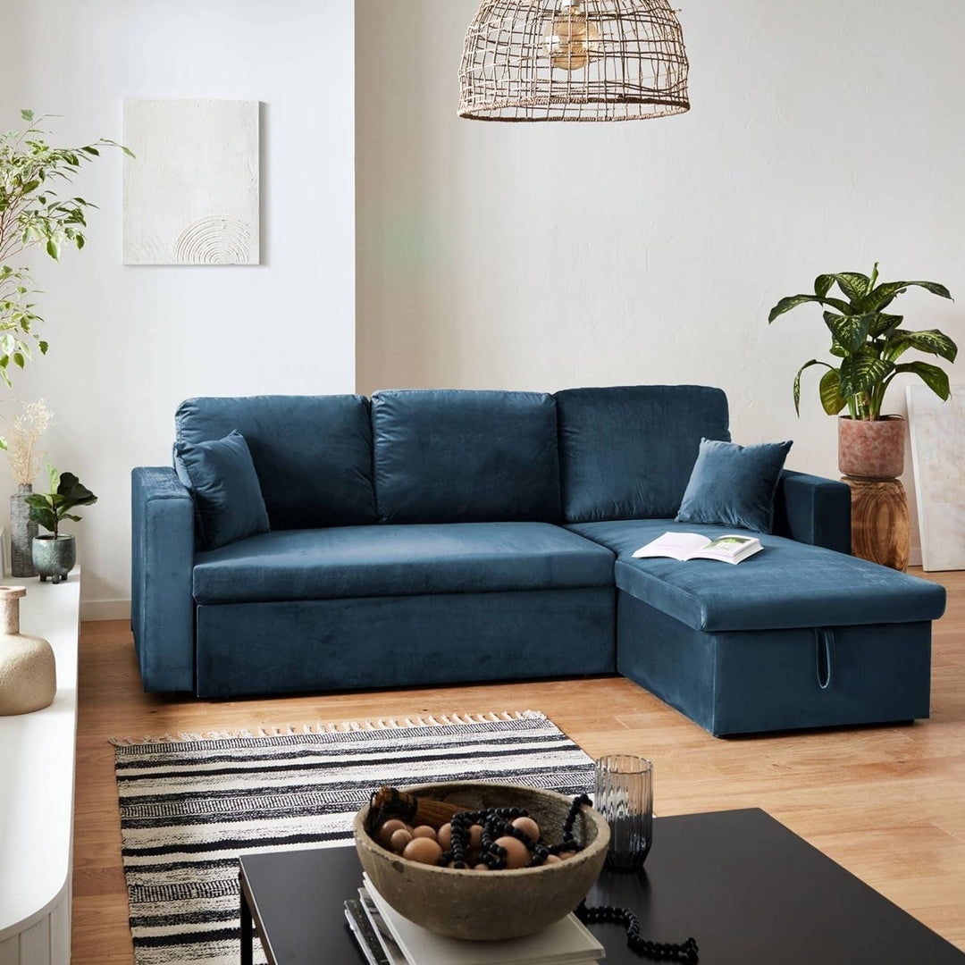 Alice'S Home - Canapé D'Angle Convertible En Velours Bleu Pétrole 3 Places. Fauteuil D'Angle Réversible Coffre Rangement Lit Modulable | Designix -     - https://designix.fr/