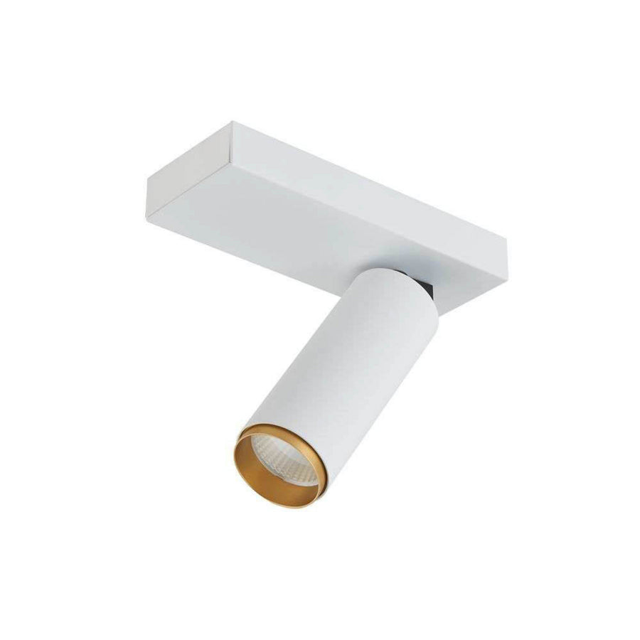 Détail rapproché de la tête cylindrique blanche, anneau intérieur doré et grille LED.