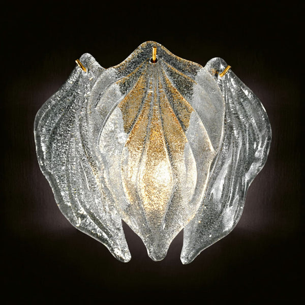 Applique murale Murano Foglie en verre, or et transparent, 2 lumières, hauteur 25 cm