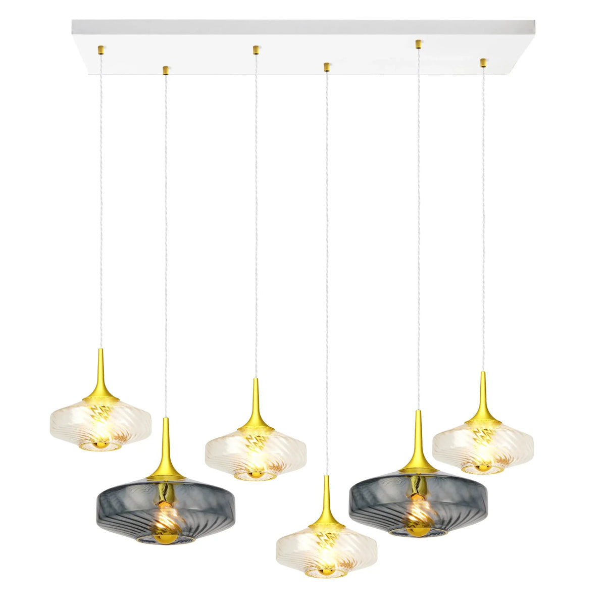 Vue d'ensemble de la suspension avec détails des abat-jours verre fumé et transparent