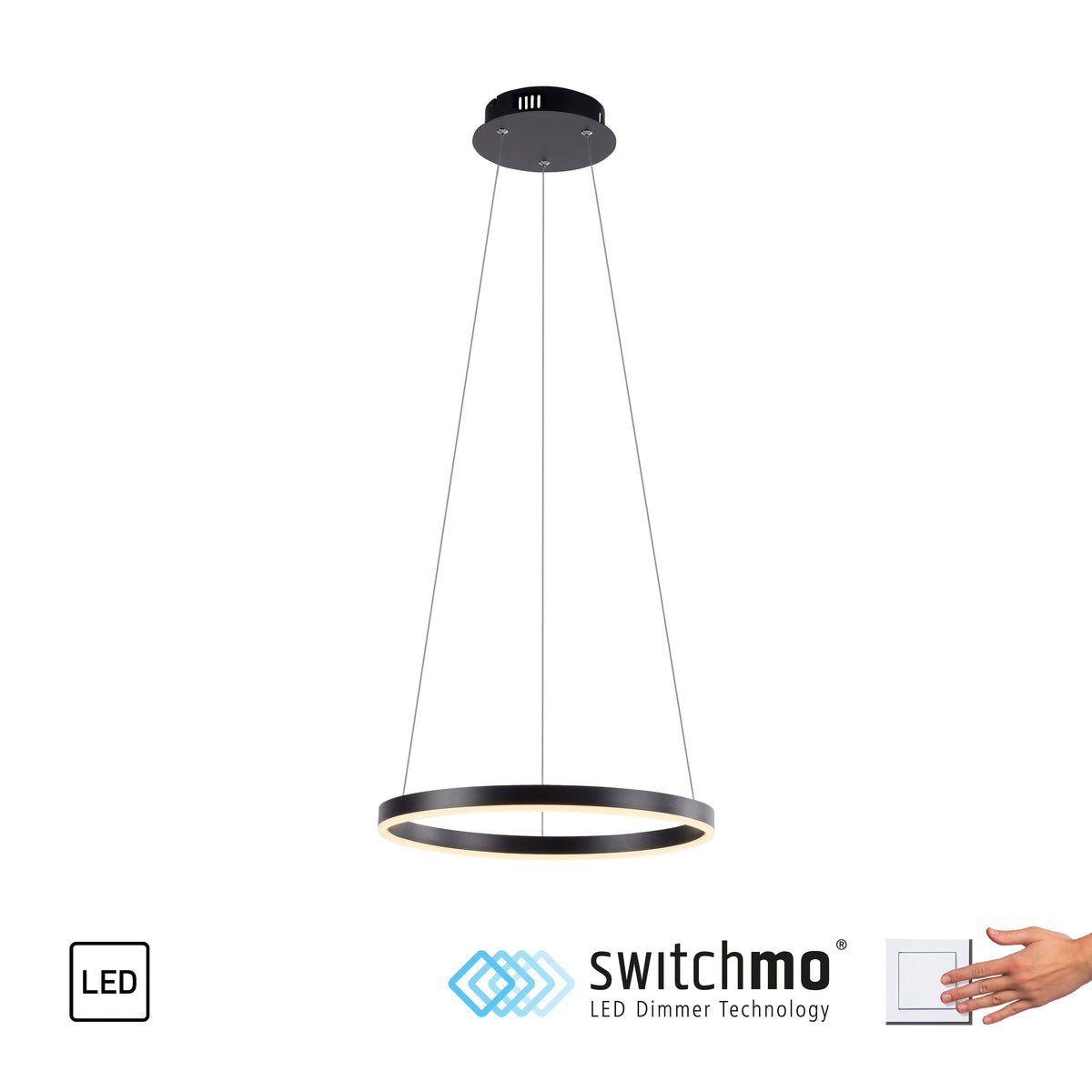 Vue du luminaire avec logo LED et variateur Switchmo, ainsi qu'une main actionnant un interrupteur.