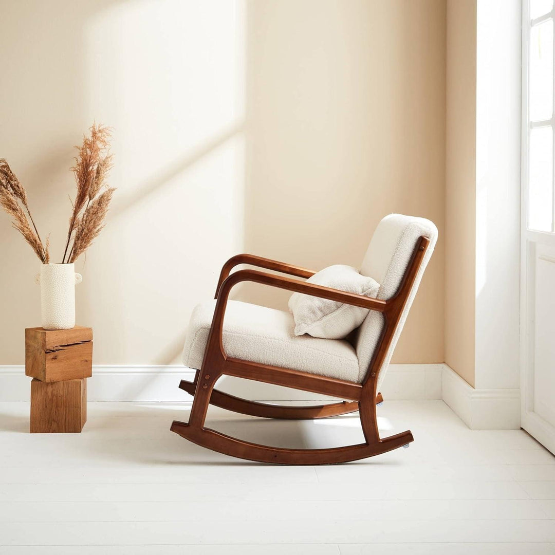 Alice'S Home - Fauteuil À Bascule Design En Bois Et Tissu. Bouclettes Blanches. Structure Hévéa Teinté Noyer Clair | Designix - Amazon    - https://designix.fr/