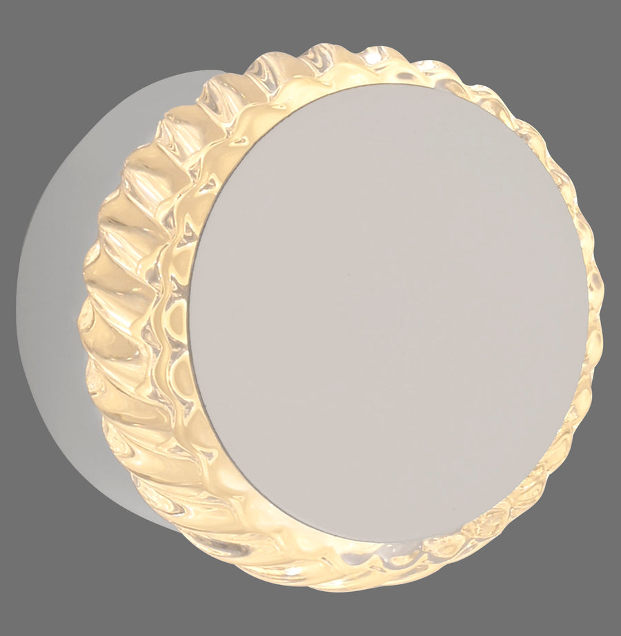 Vue de face de l'applique ronde, diffuseur blanc bordé d'un anneau cristal festonné