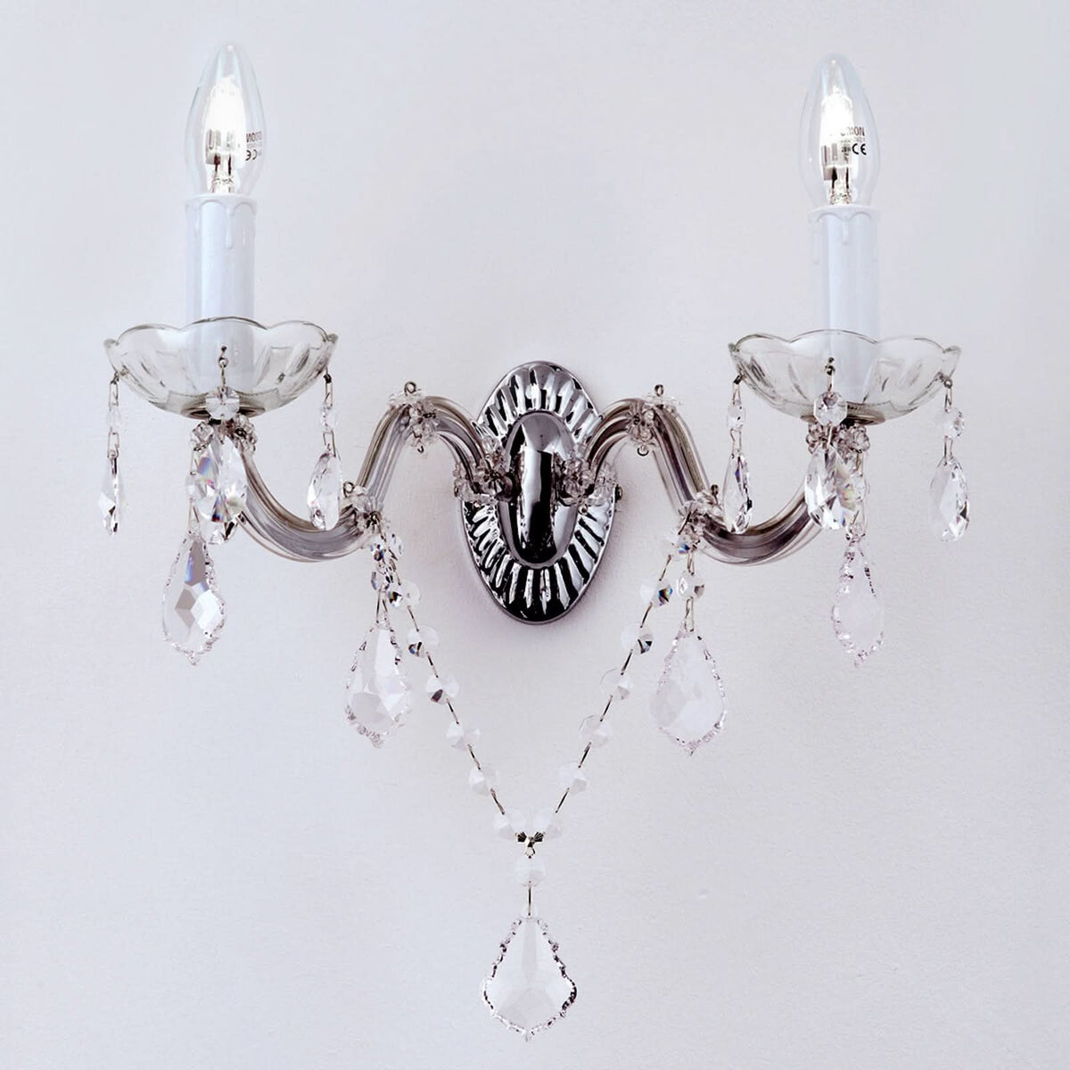 Applique murale Marie-Thérèse en cristal, argenté et transparent, 2 lumières, hauteur 25 cm