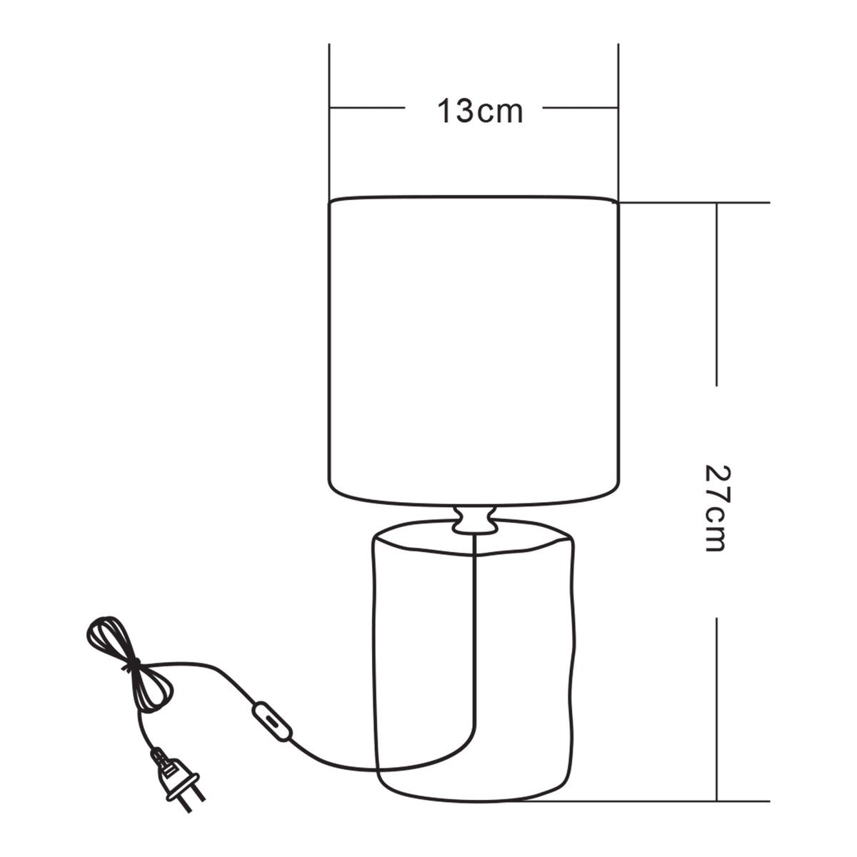 Schéma de dimensions avec abat-jour de 13 cm et hauteur totale de 27 cm.