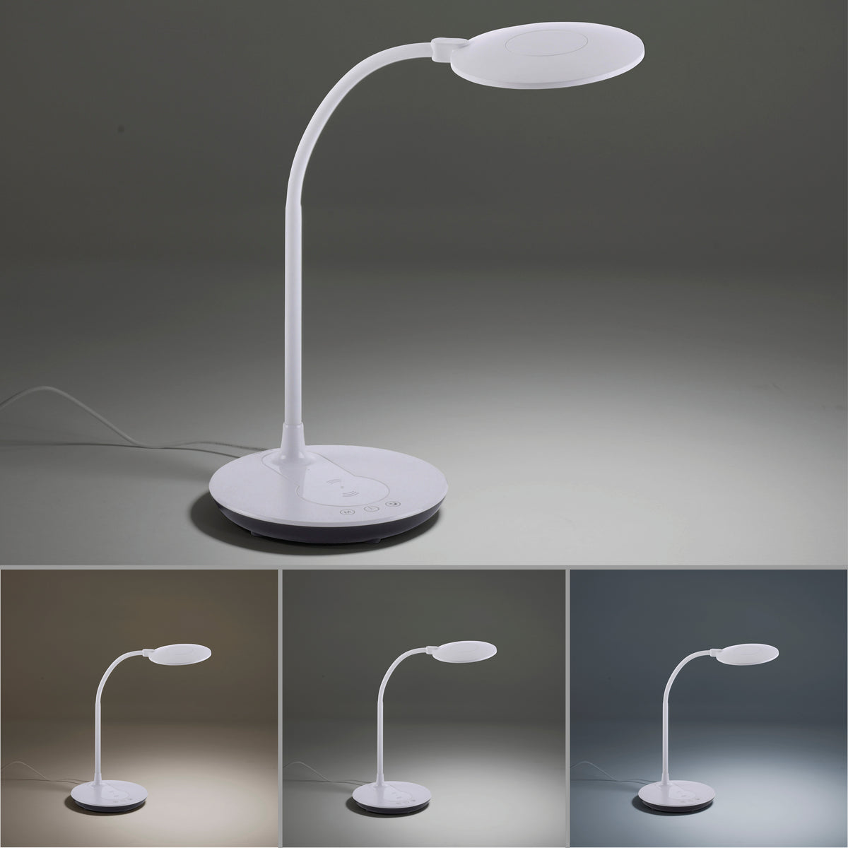Vue de la lampe et trois ambiances lumineuses : blanc chaud, neutre et froid.