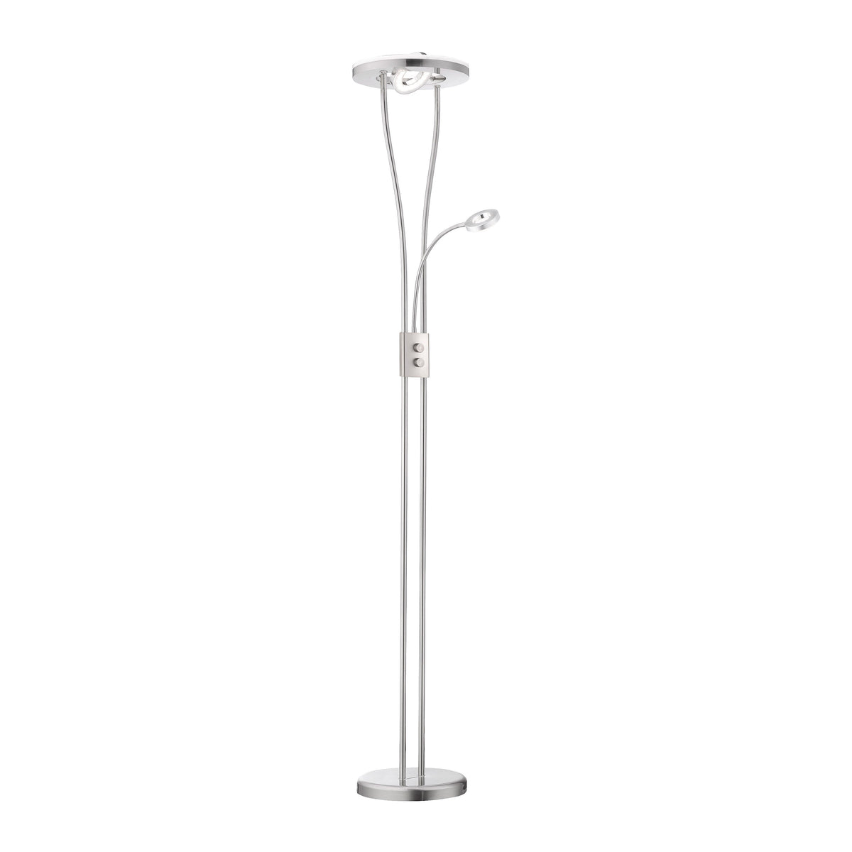 Lampadaire acier fin et élancé, pied plat et tige double, sur fond blanc.