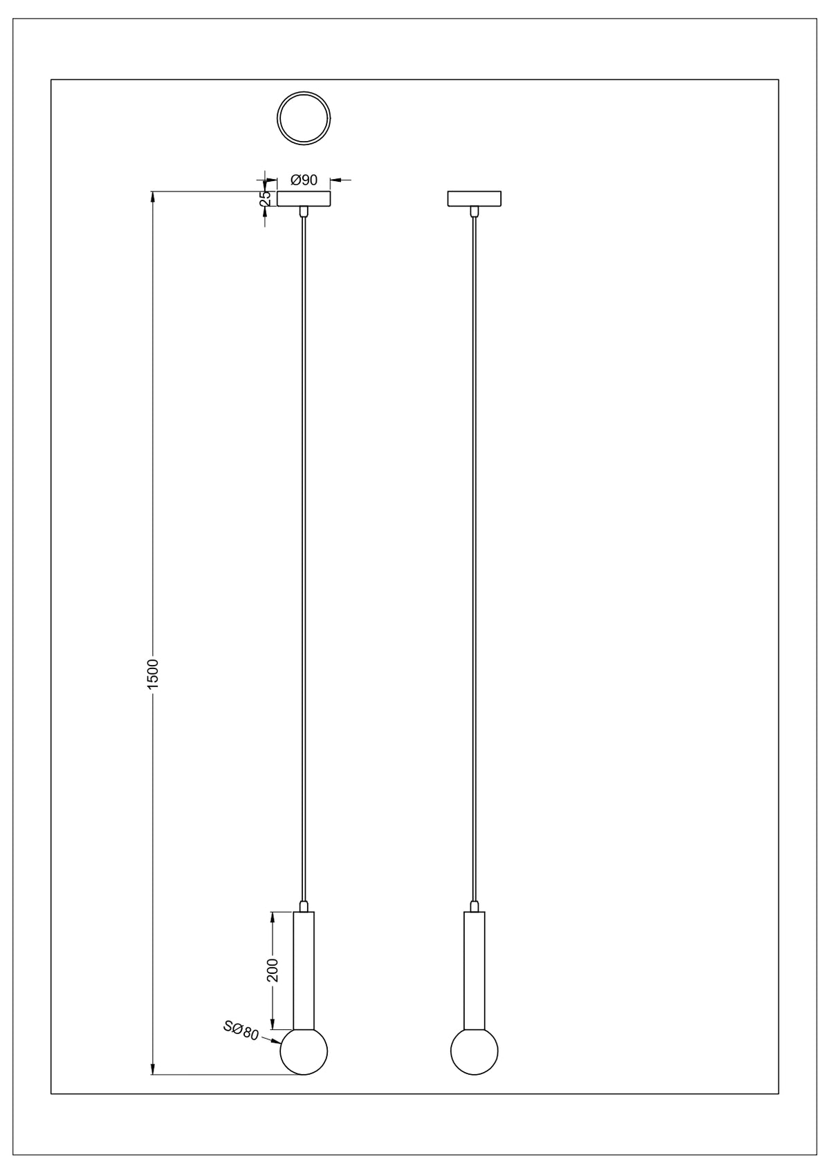 Schéma coté de la suspension, hauteur totale 1500 mm et rosace de 90 mm