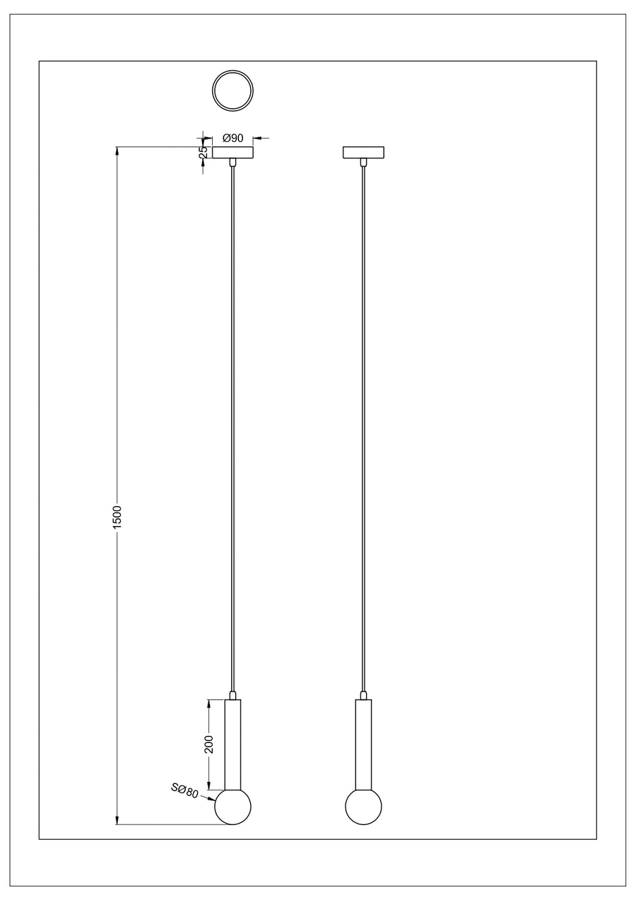 Schéma coté de la suspension, hauteur totale 1500 mm et rosace de 90 mm