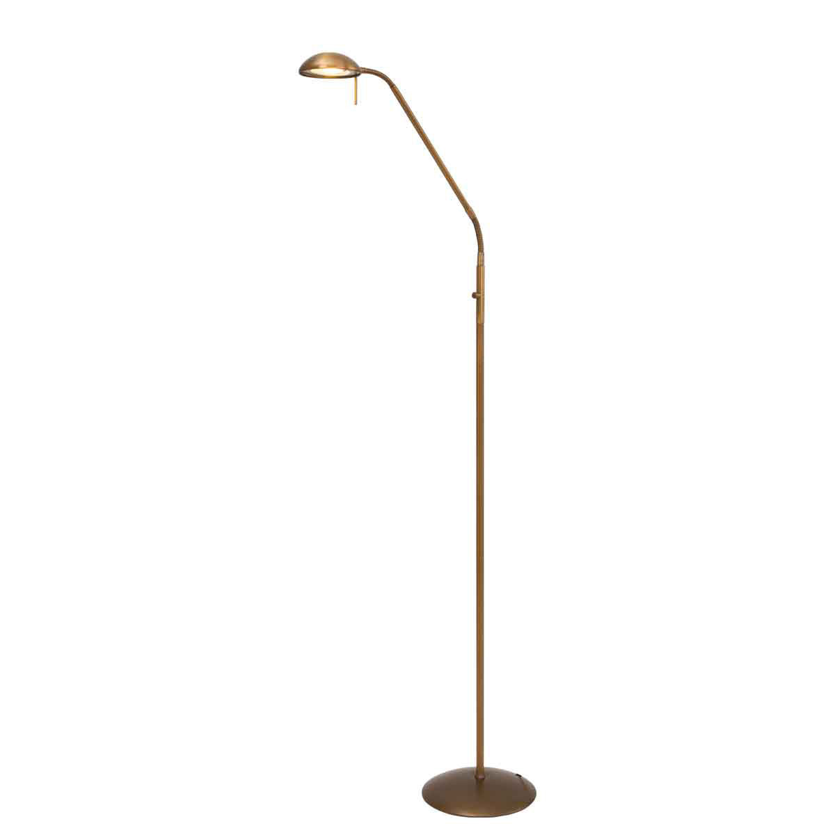 Lampadaire présenté en pied, base ronde plate et longue tige métallique dorée