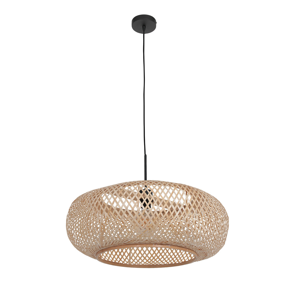 Suspension bambou naturel Ø 60 cm vue de profil, monture noire | Designix