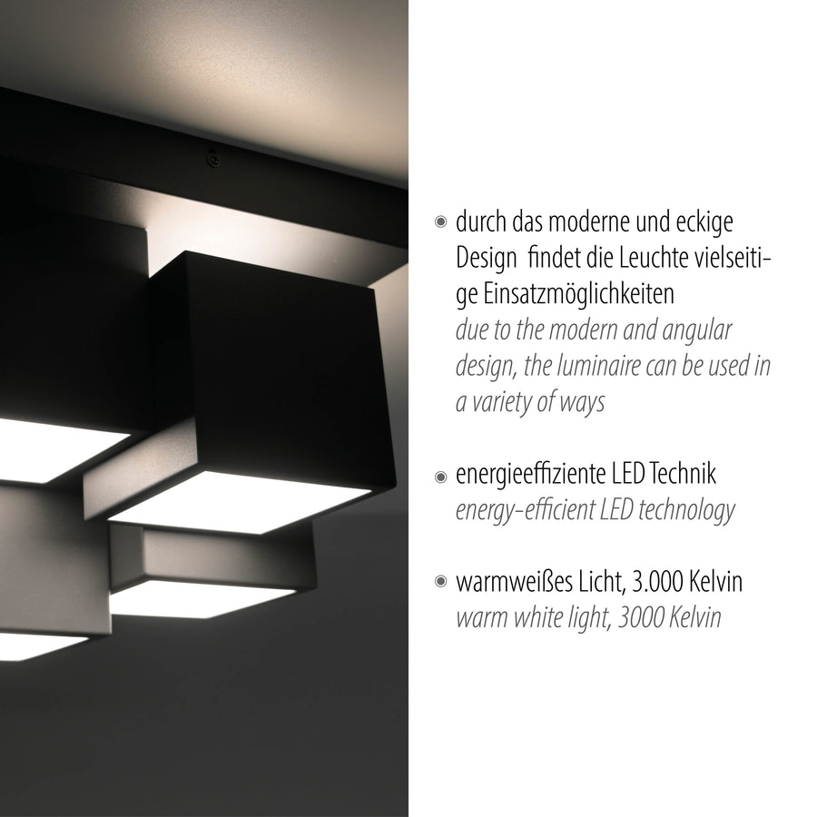 Détail du luminaire allumé accompagné de textes allemands sur la technique LED