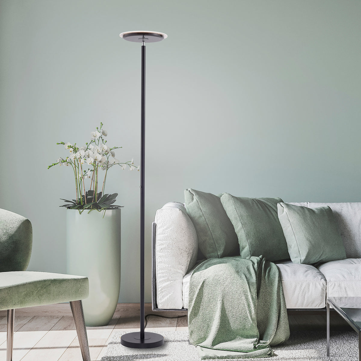 Mise en ambiance salon avec lampadaire noir près d'un canapé vert.
