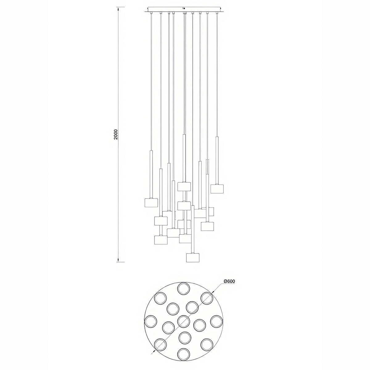Suspension Tonic 14 lumières multicolore, verre, Ø 60 cm
