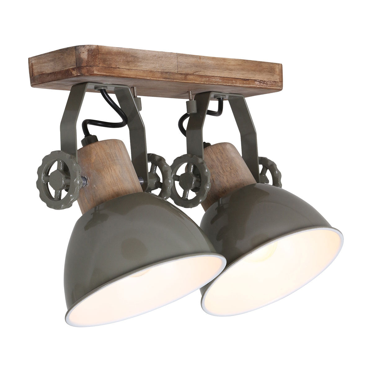 Plafonnier vert olive de face, deux projecteurs orientables sur base en bois