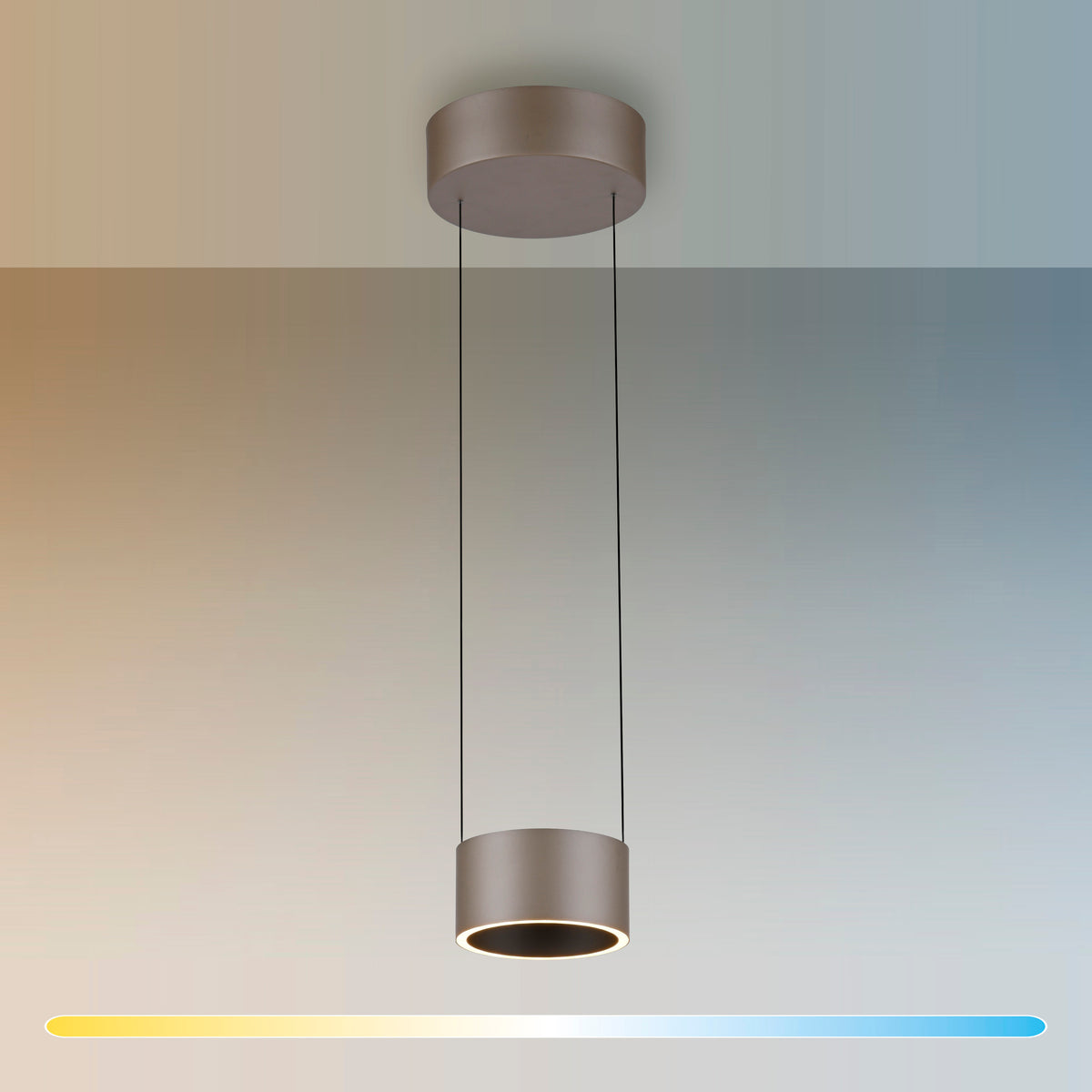 Luminaire suspendu présenté sur fond dégradé, illustrant la température de couleur chaud à froid.
