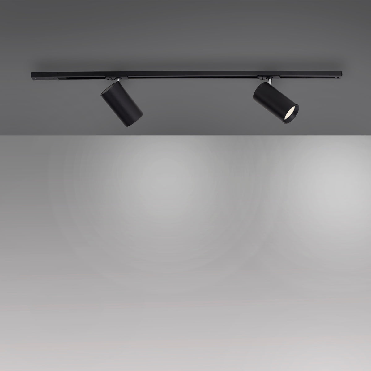 Luminaire installé au plafond, deux spots cylindriques éclairent une surface grise.