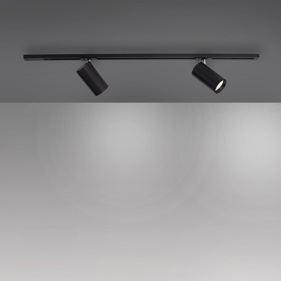Luminaire installé au plafond, deux spots cylindriques éclairent une surface grise.