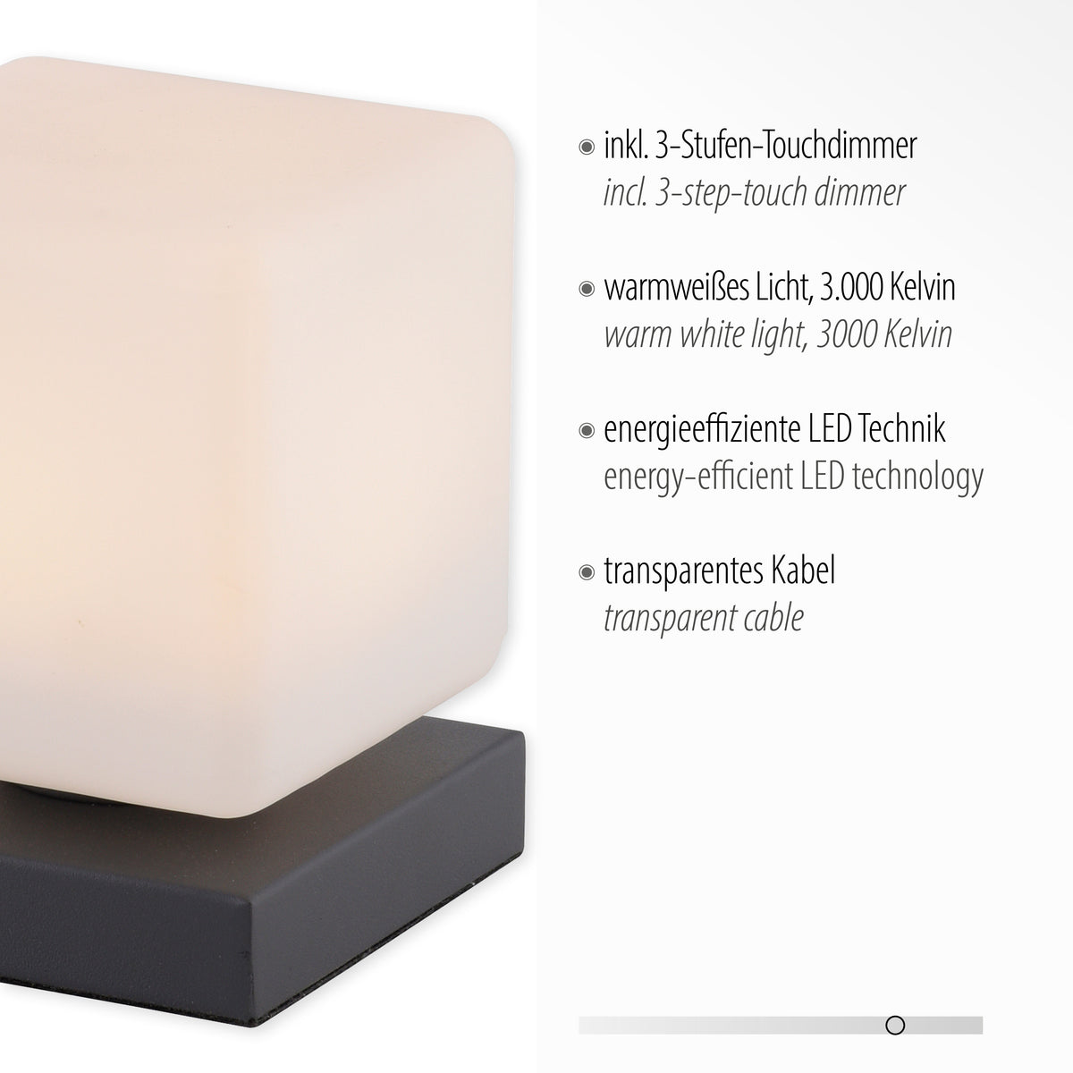 Gros plan sur la lampe et liste de ses caractéristiques techniques.
