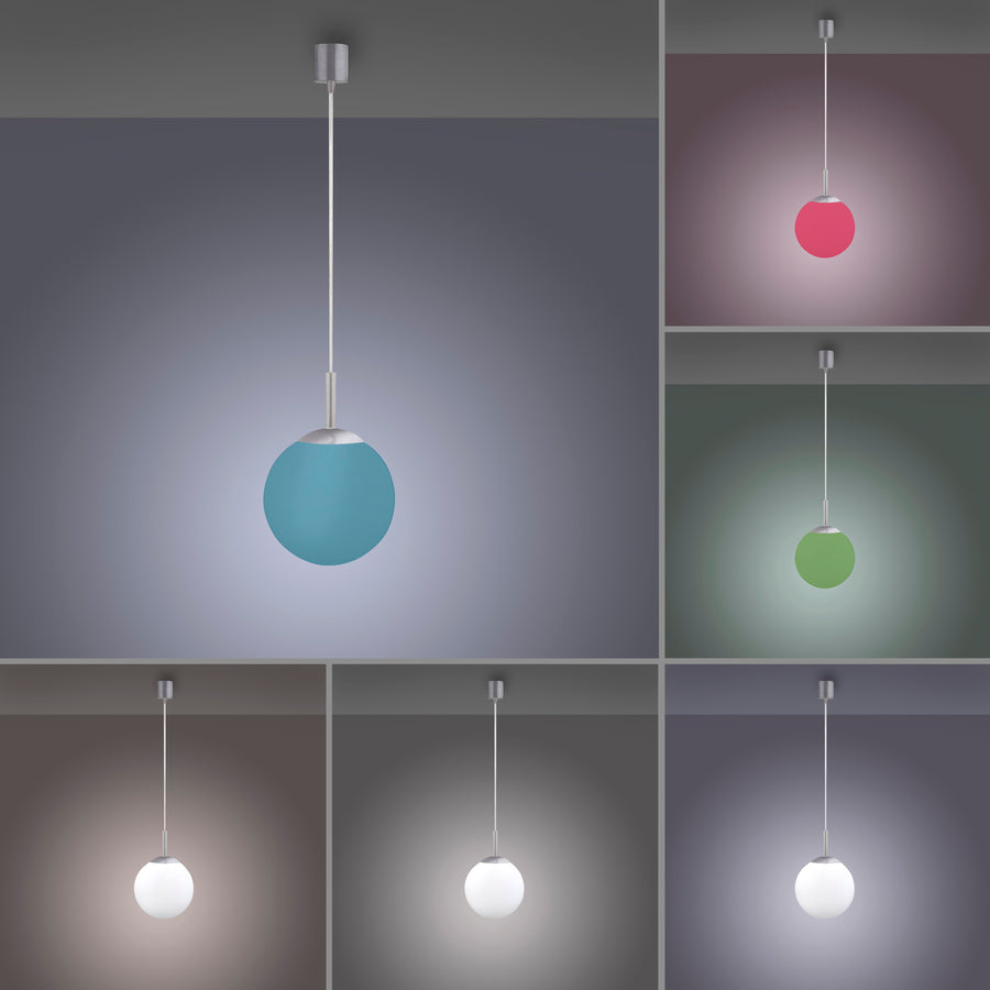 Planche comparative montrant la boule éclairée en cyan, rose, vert et blancs variés