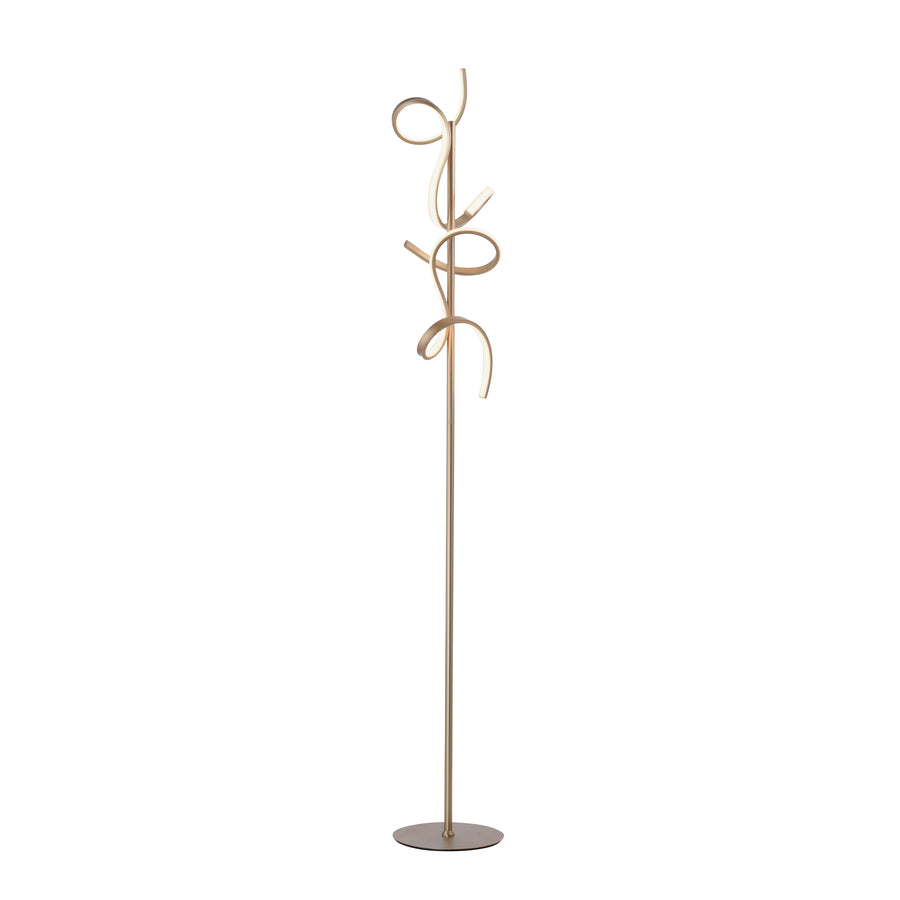 Lampadaire doré détouré sur fond blanc, silhouette complète et socle rond plat