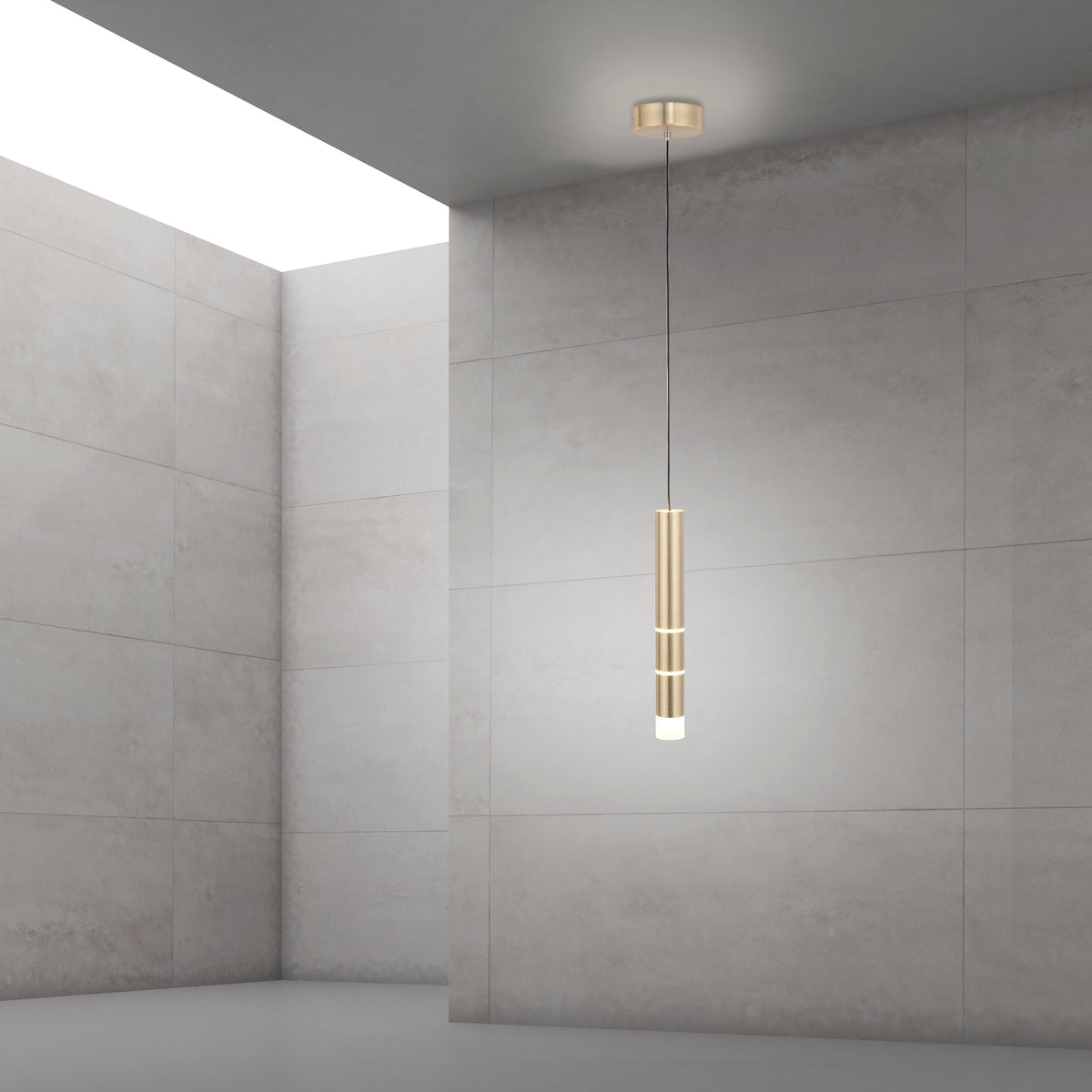 Mise en ambiance dans une pièce en béton gris avec suspension allumée et diffuseur blanc