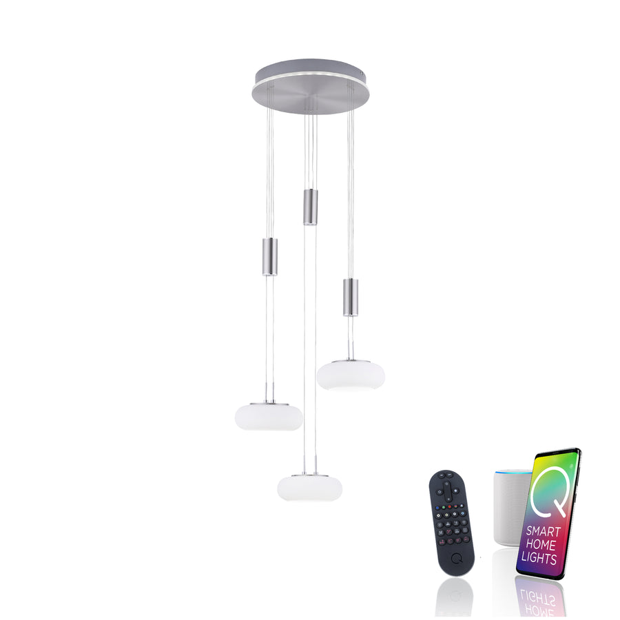 Suspension accompagnée d'une télécommande, d'une enceinte connectée et d'un smartphone pour pilotage intelligent.