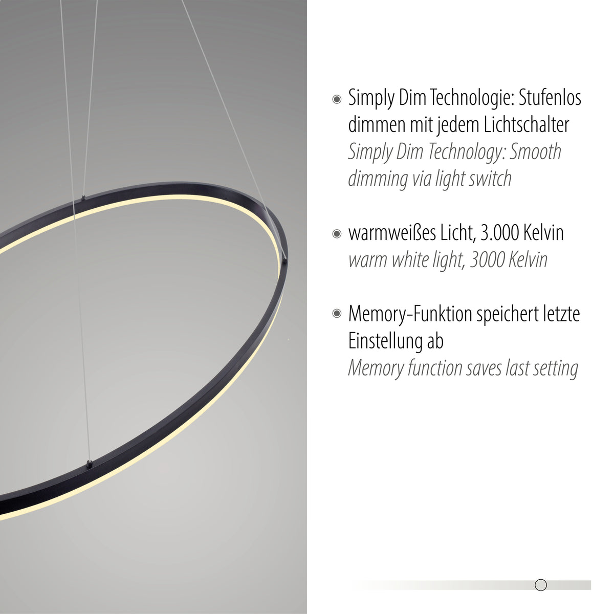 Vue rapprochée du ruban LED et textes sur la technologie Simply Dim