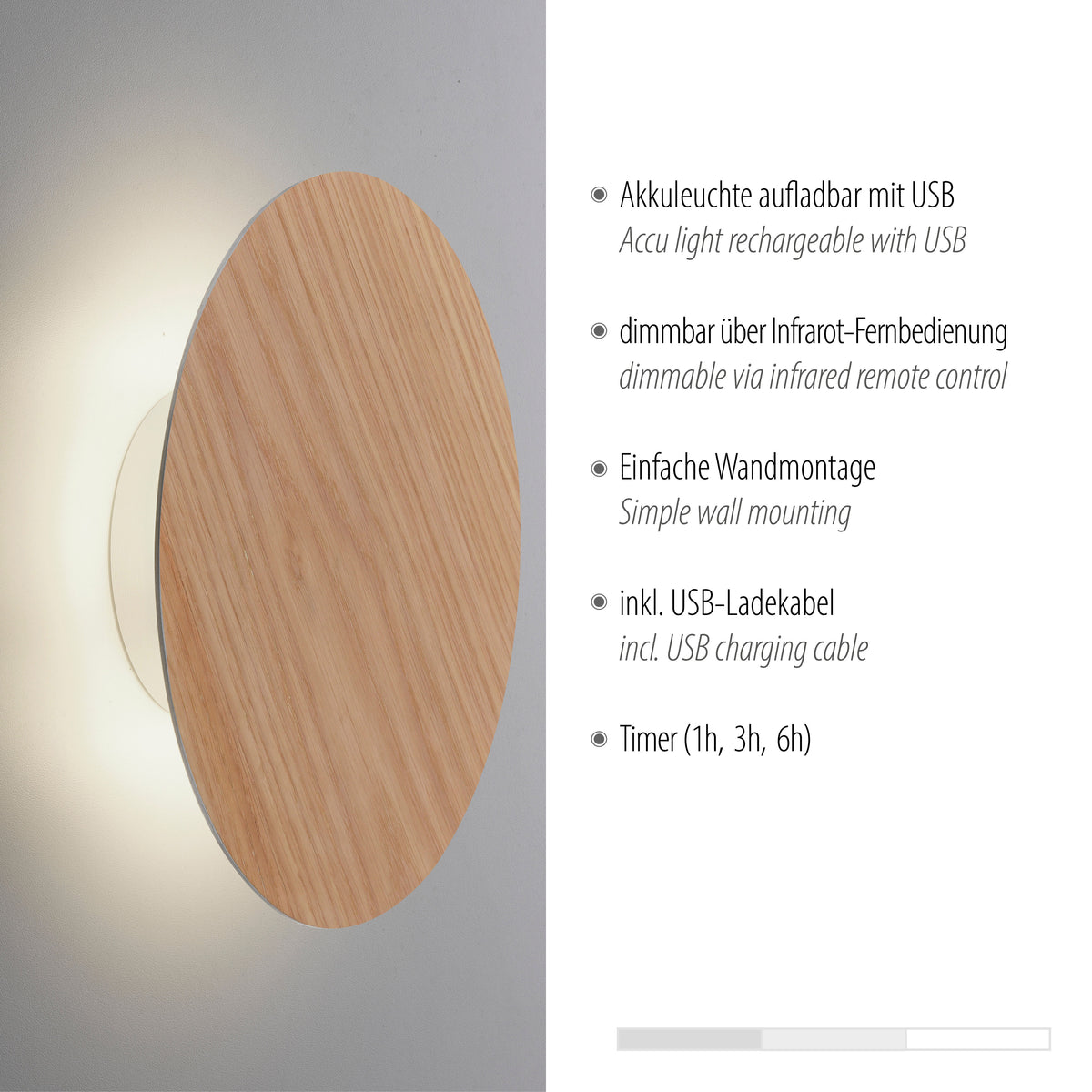 Détail du produit avec liste des caractéristiques : rechargeable USB, variateur et minuterie.