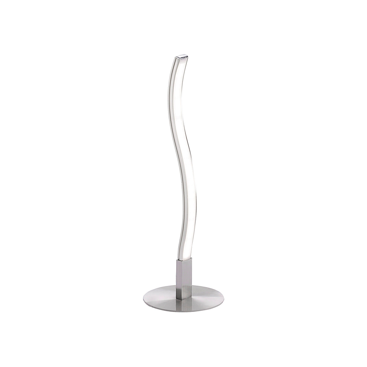 Vue de face sur fond blanc de la lampe argentée, tige fine et base plate.