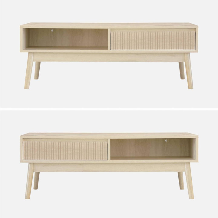 Alice'S Home - Table Basse Couleur Naturelle. Linear. Décor Bois Rainuré. Pieds Compas. 2 Niches. 1 Tiroir. L 110 X L 59 X H 39Cm | Designix - Amazon    - https://designix.fr/