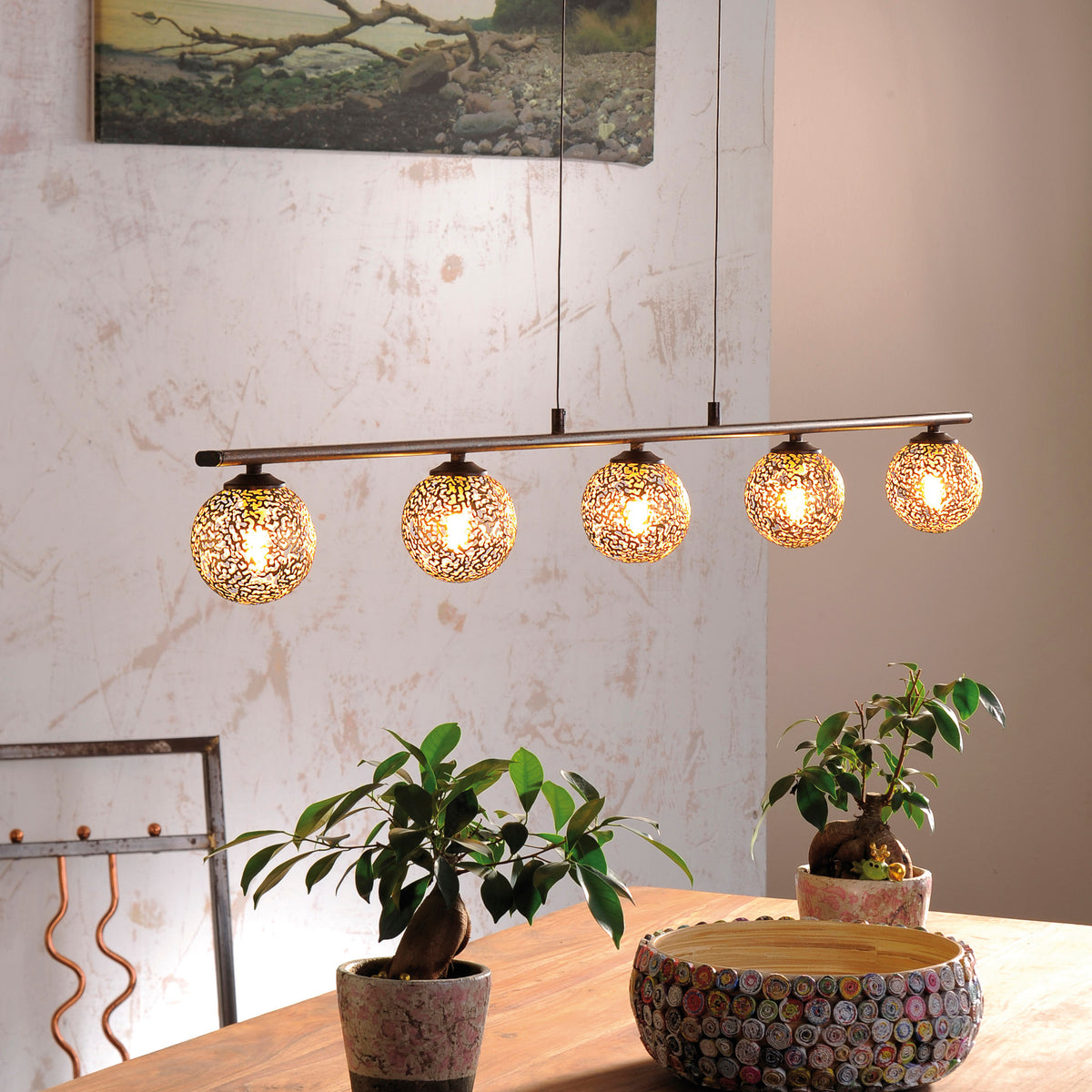 Suspension Greta 5 lumières marron et dorée