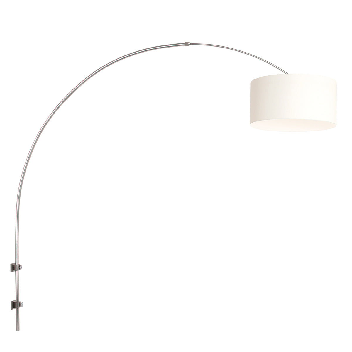 Applique murale arc acier avec abat-jour lin blanc, vue de trois quarts