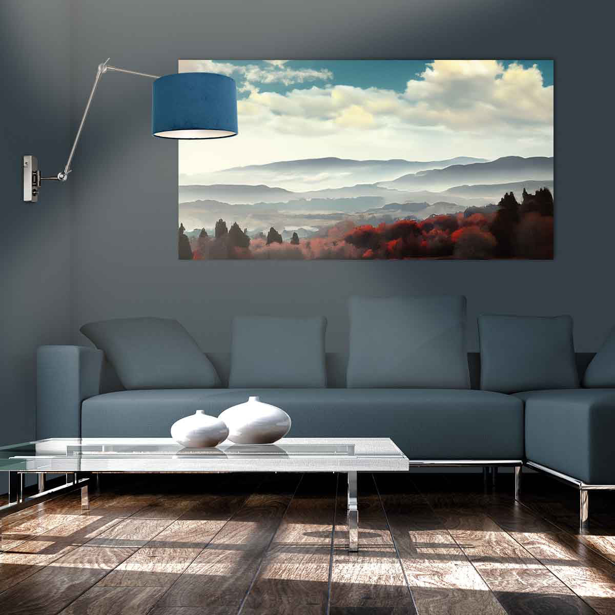 Applique murale extensible Velura, bras articulé acier & abat-jour velours bleu – vue 3 – Designix.fr
