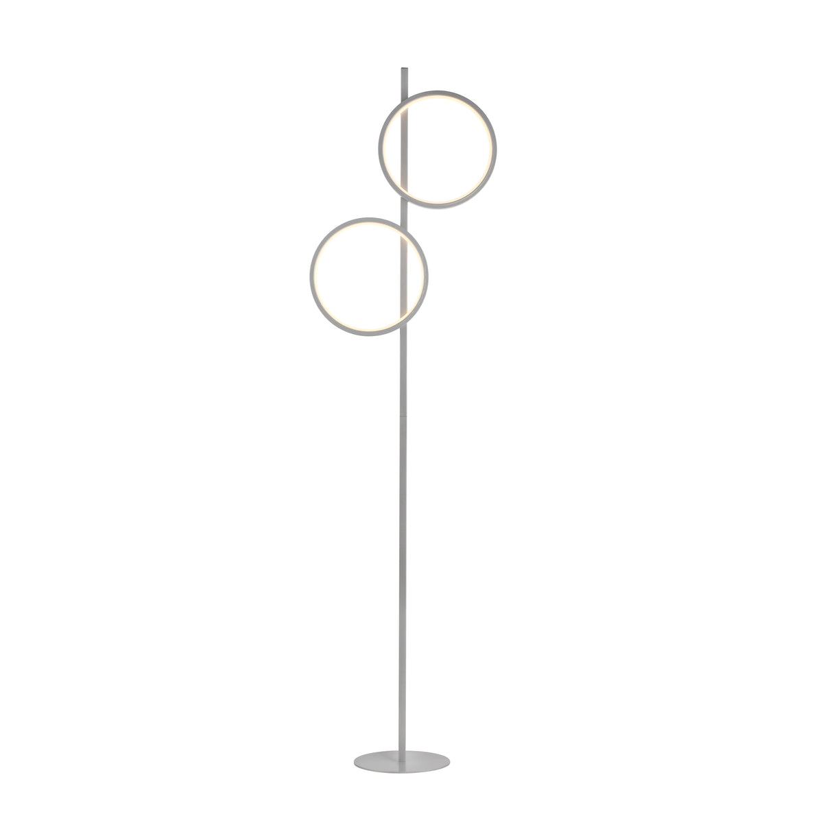 Lampadaire design argenté, deux cercles lumineux, présenté de face sur fond blanc.