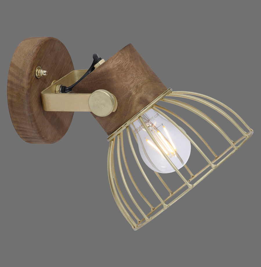 Vue de face de l'applique murale en bois et laiton avec cage métallique.