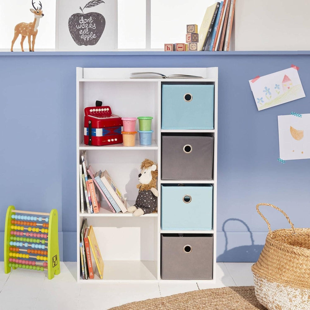 Alice'S Home - Meuble De Rangement Pour Enfant. Blanc - Camille - Avec 7 Compartiments Et 4 Paniers Gris Et Bleus | Designix - Amazon    - https://designix.fr/