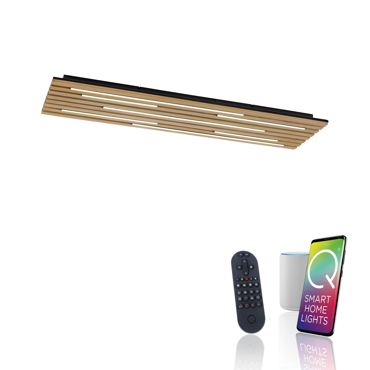 Luminaire présenté avec télécommande, enceinte connectée et application de contrôle