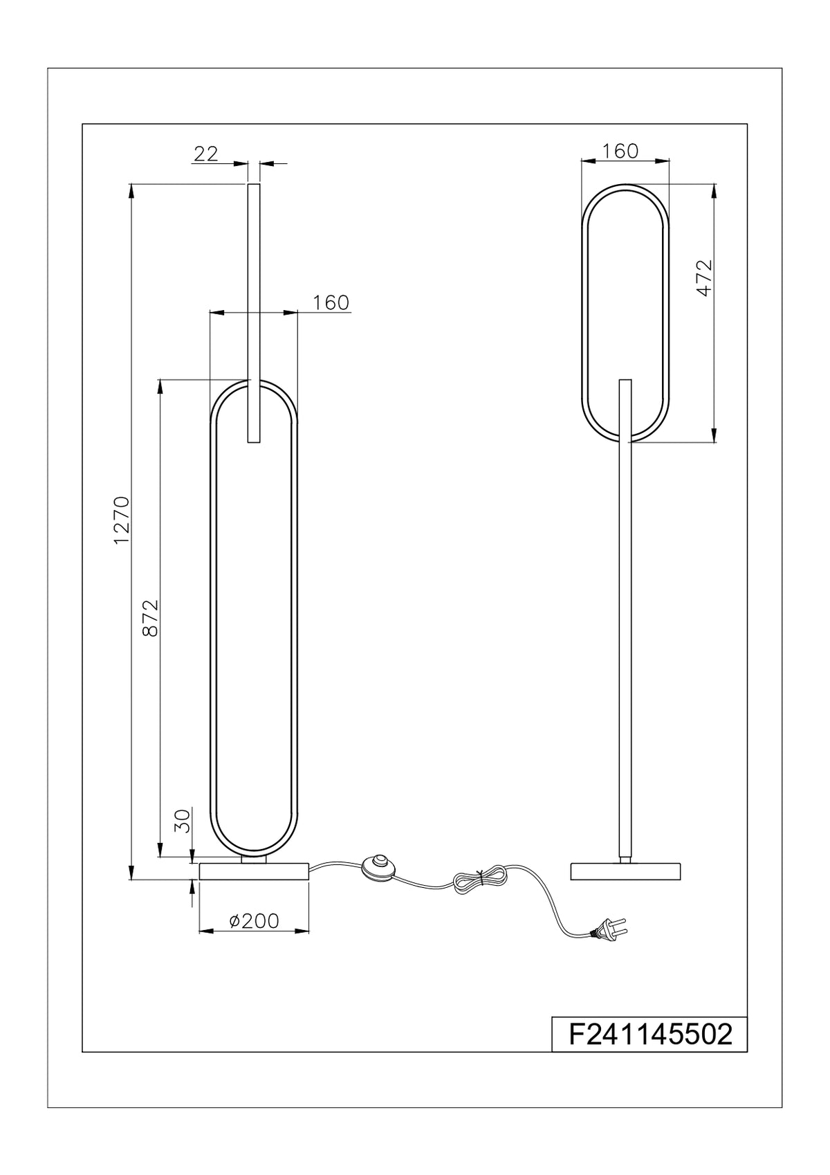 Schéma technique coté indiquant hauteur totale, largeur de boucle et diamètre de base