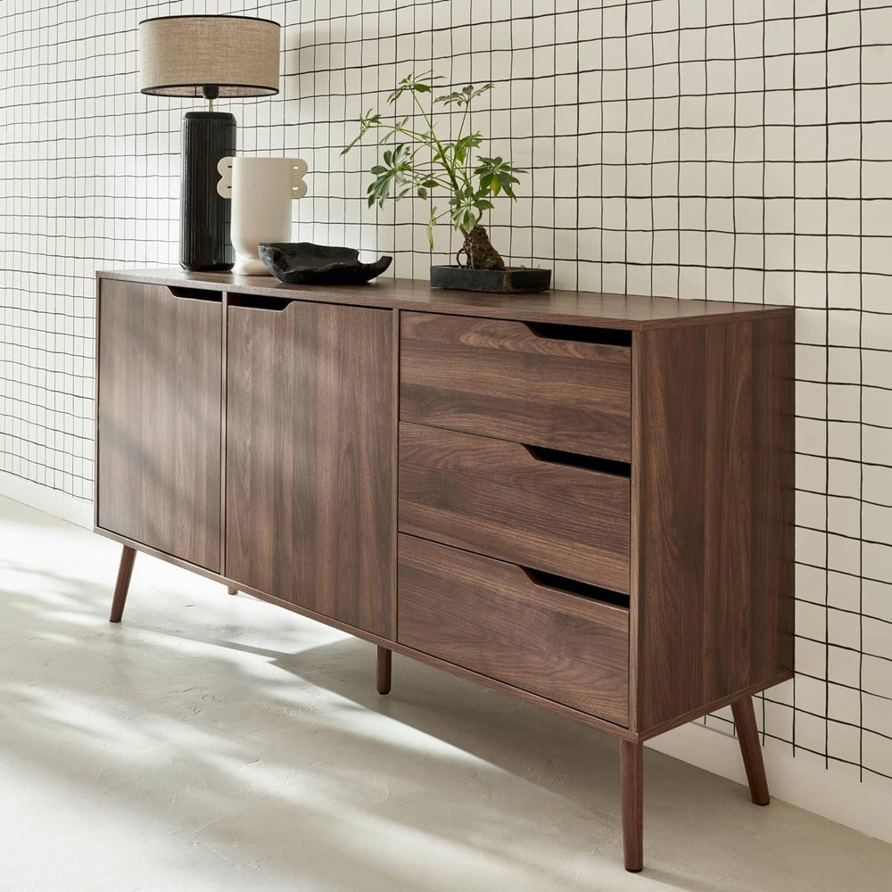 Alice'S Home - Buffet De Rangement Scandinave 2 Portes. 3 Tiroirs. Décor Bois De Noyer. 160Cm | Designix - Amazon    - https://designix.fr/